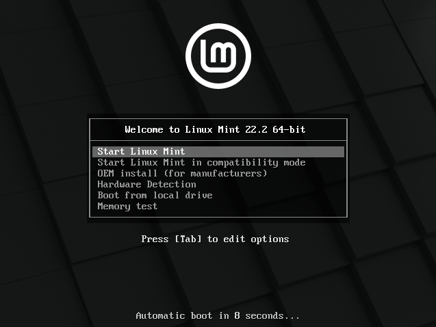 Linuxmint22.2起動画面