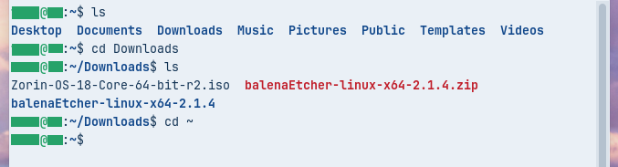 cd ~を実行したところ