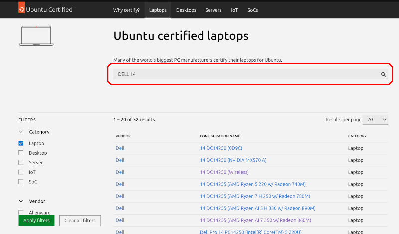 Search in certified laptopsページ