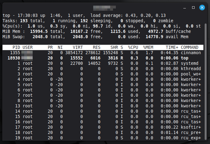 Linx Mintでtopコマンドを実行したところ