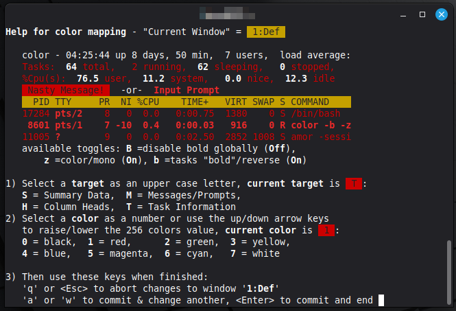 Zオプションで、表示色の設定を表示したところ